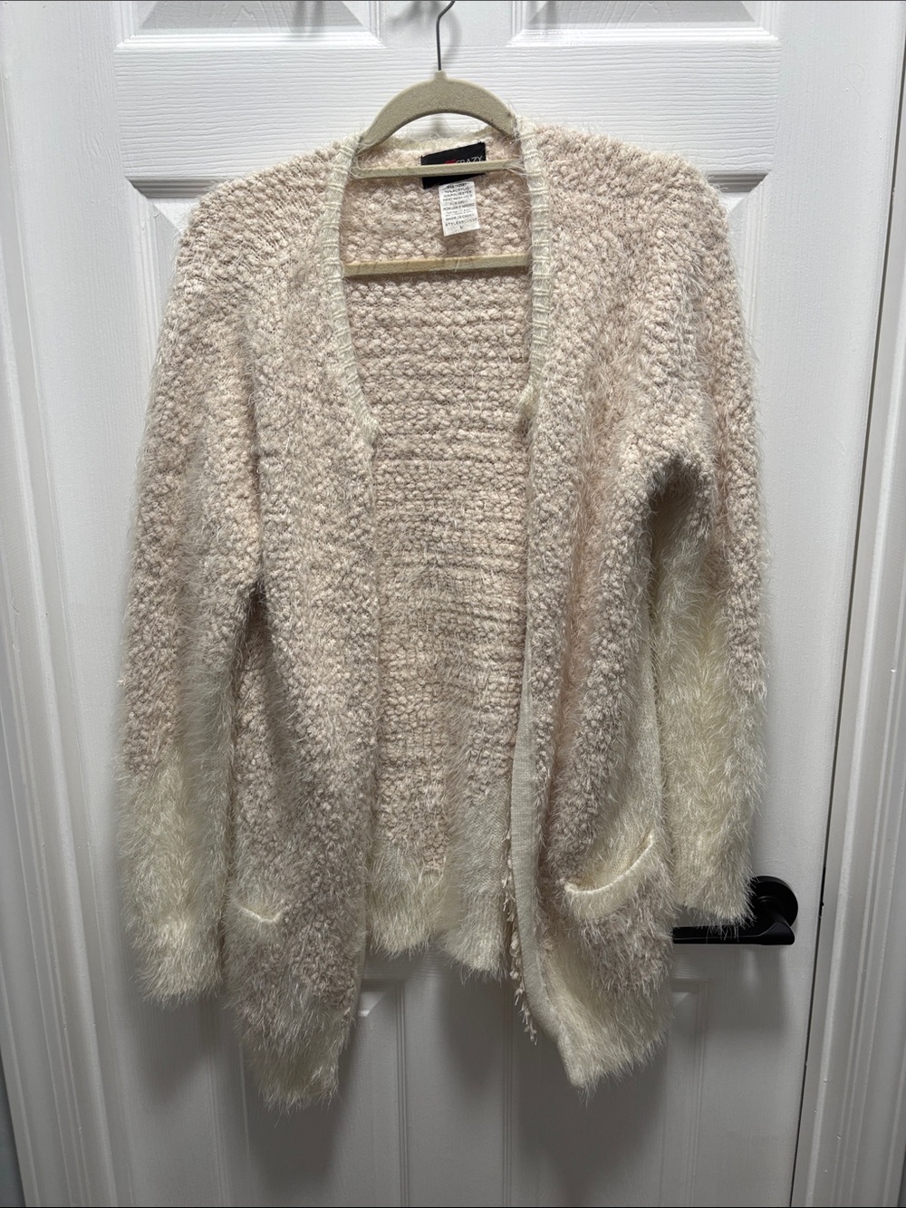 Soft Ivory Open-Front Fuzzy Women's Cardigan two toned with front pockets